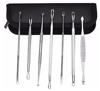 Extrator Cravos Espinhas Acne Kit 7 Curetas Inox Com Estojo - Pacote com 10 Unidades